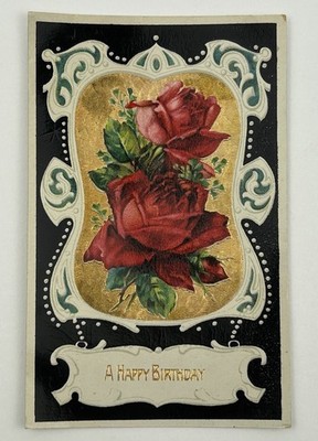 1912 Antique Birthday Postcard Red Roses Embossed Gold Gilded Germany E3