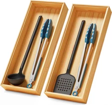 Bamboo Drawer Organizer Boxes – Stackable Wood Silverware Utensil Tray