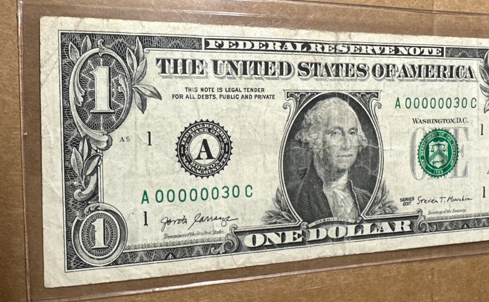 Rare Circulated $1 Bill 2 Digit Low Serial Number 30 One Dollar Note ...