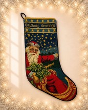Vintage Christmas Stocking Needlepoint Santa Claus Gold Accents Petit Point