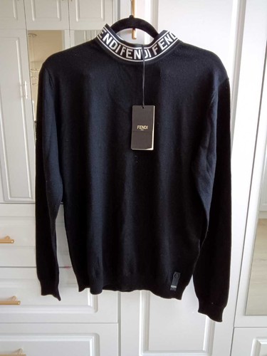Fendi Sweater Wool Logo Neck Black 95% wool Sz IT 48