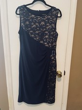 R M Richards 12 Navy Blue Cocktail Dress Lace Overlay Side Buckle Evening MOB