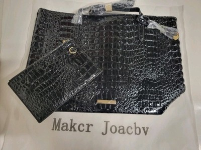 NEW MAKCR JOACBV Womens Black Leather Croc Embossed Handbag Purse Tote & Wallet 