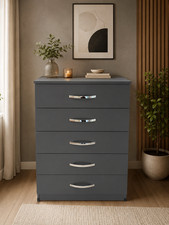 Ready Assembled Modern Chest Of 5 Drawers Grey Bedroom Furniture Free Delivery