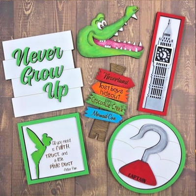 lot of 6 Pcs Peter Pan Tiered Tray Decor Set Wooden Signs - hand painted OOAK