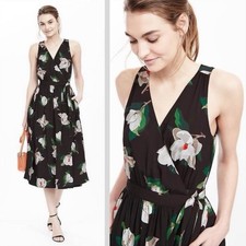 Banana Republic Women's Black Magnolia Floral Sleeveless Wrap Dress Size 4