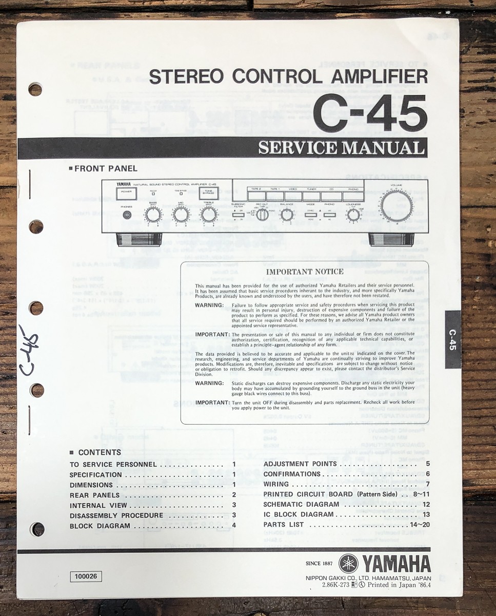 Yamaha C-45 Preamp / Preamplifier Service Manual *Original*