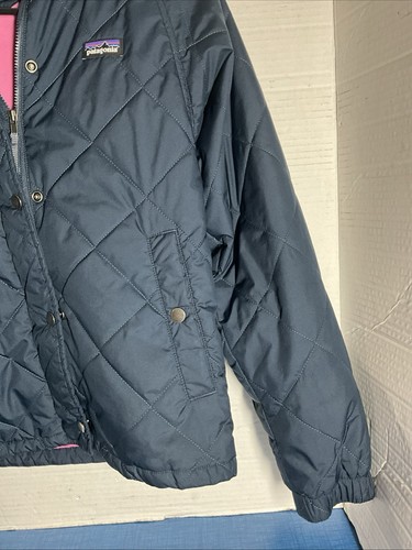 Patagonia Jacket Girls Large 12 Blue Diamond QuiIted Full Zip Logo Pink Lined - Picture 4 of 10