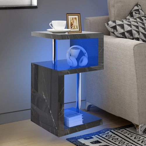 Mesa de centro lateral de alto brillo de 2 niveles mesa de cabecera con luz LED sala de estar - Imagen 30 de 43