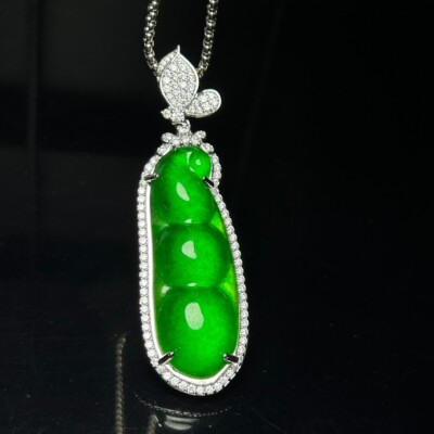 Certified Natural INLAY ice GREEN jade Jadeite Carved Foo bean Pendant&Necklaces
