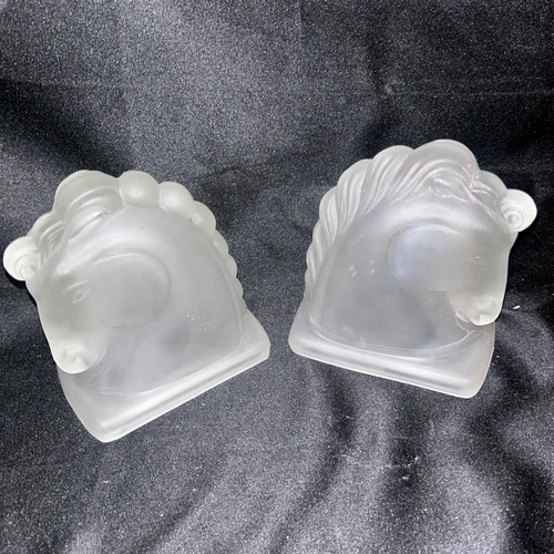 Vintage Set Of 2 Federal Glass Co. Frosted Horse Head Bookends Book Ends 5-1/2"