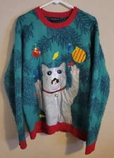 Blizzard Bay Ugly Christmas Sweater Cat In Tree Jingle Bell Fuzzy Size Large 