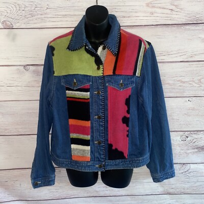 SUSAN BRISTOL Womens Fleece PatchWork Blue Denim Jean Jacket L Aztec  Vintage