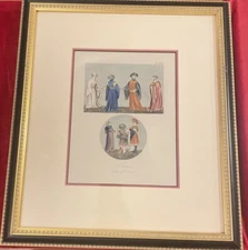 1842 Original Antique Hand Colored Engraving Noblemen 15th C. Joseph Strutt