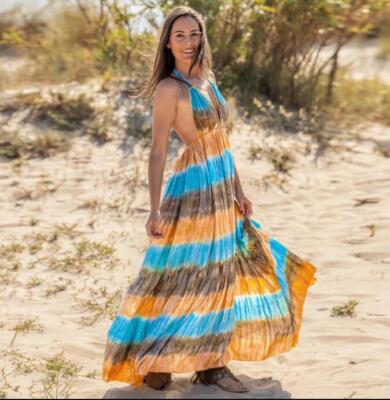 Women's 2024 Fashion Halter Tie Dye Open Back Long Beach Maxi Flared Dress  | eBay