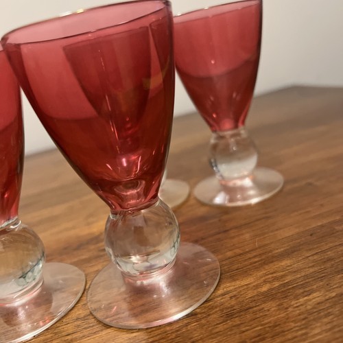 4 Vintage Cranberry cordial liqueur glasses clear base 4” - Picture 7 of 12