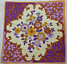 VINTAGE AUTHENTIC FLORAL ART PURPLE BROWN COTTON 12" HANDKERCHIEF
