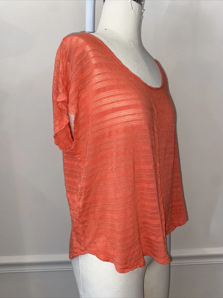 Alya Women's Coral Orange Short Sleeve Tee Sheer Stripe Paper Thin Rayon Small S - Image 3 of 4