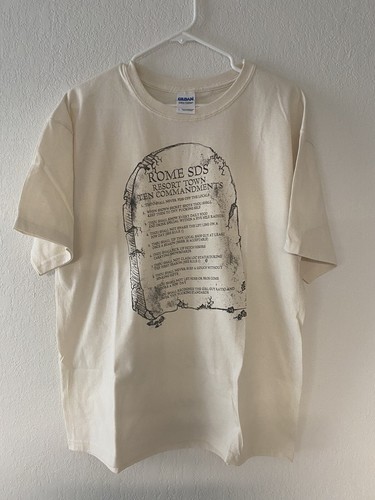 Rome Snowboards Resort Town Ten Commandments T Shirt SZ L Beige