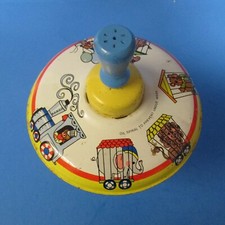 vintage Ohio Art spinning top circus theme blue wood handle scratched