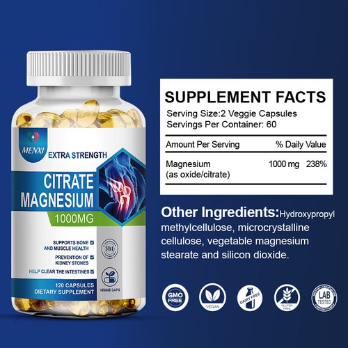 NEW Magnesium Citrate Capsules 1000mg Per Serving - Highest Potency 120 Capsules - Picture 2 of 12