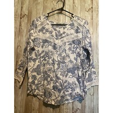 Elena Baldi Blue White Floral 100 Linen Top Blouse Shirt Made in Italy Small