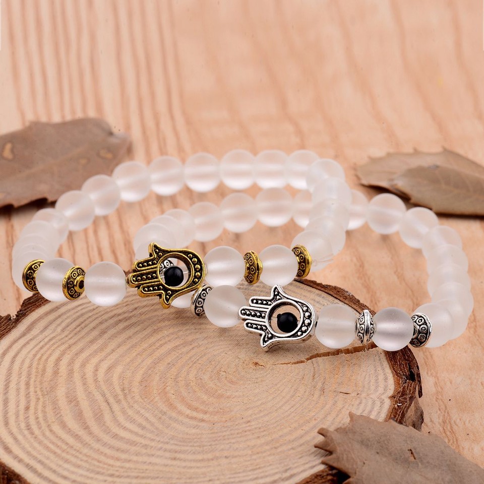 Hamsa Hand Of Fatima Bracelet - Natural Lava Stone Beads, Stretchable, Handmade
