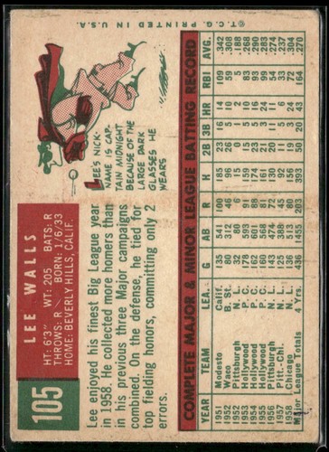 1959 Topps #105 Lee Walls VG - Picture 2 of 2