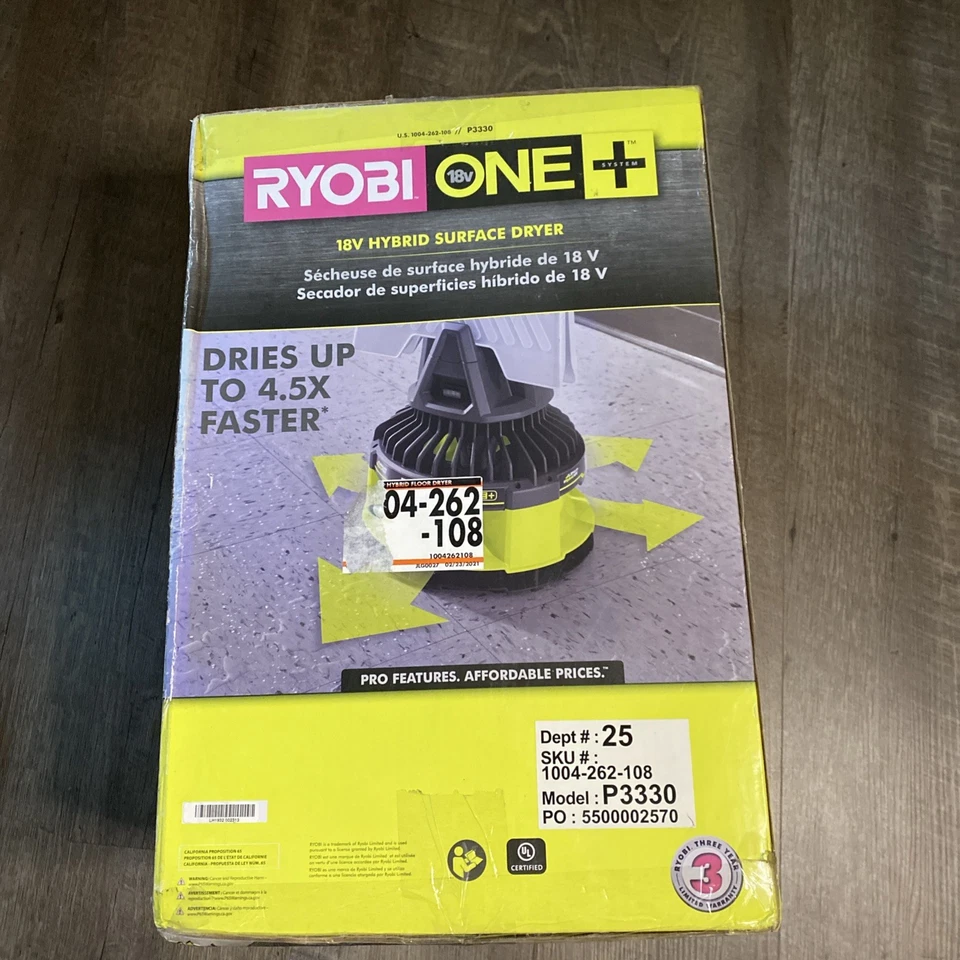 *Desgaste en caja* Ventilador secador de piso híbrido Ryobi P3330 18 voltios ONE+ - solo herramienta Foto 2 de 2