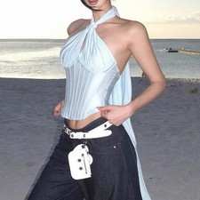 Blue satin halter neck top with tie detail