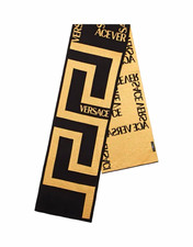 Versace Women  s Knit Rectangle Scarf Black/Gold Greek Key Logo Pattern