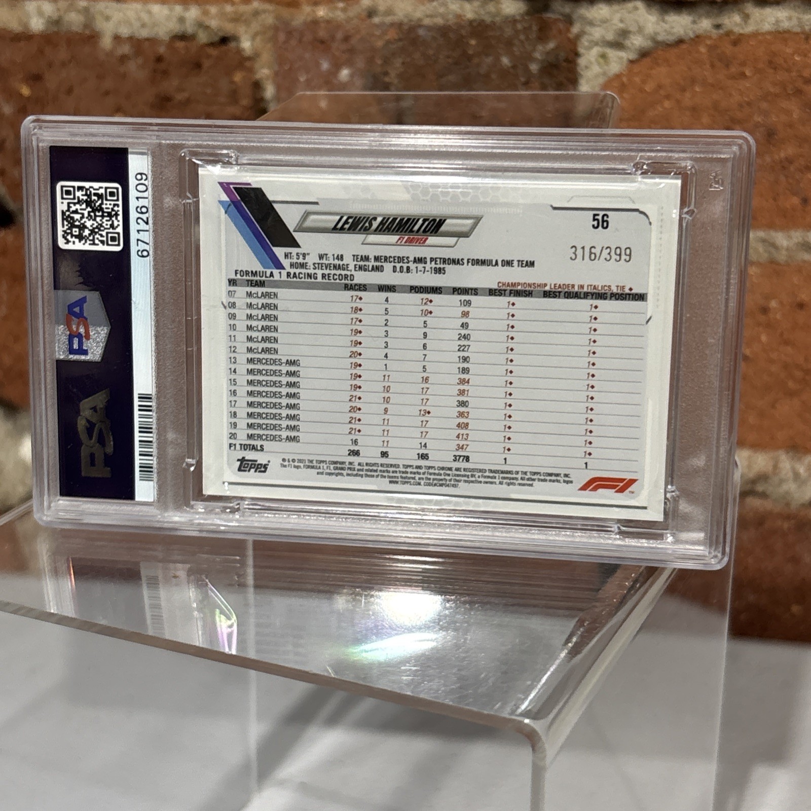 2021 TOPPS CHROME F1 #56 LEWIS HAMILTON PURPLE REFRACTOR /399 PSA 9 view 4