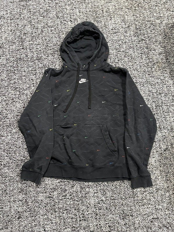 Nike Hoodie Mens Medium Black Multicolor All Over Swoosh Pullover Sweatshirt