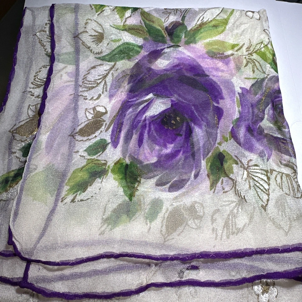 Vintage Scarf Purple Roses w/ White & Gold leaves 30x30 Sheer Cottage core - Image 2 of 4