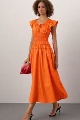 Anna Rae Large Orange Maxi Dress Smocked Waist Flutter Sleeve Full Sweep NWOT