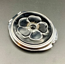 Dual Mirror Round Compact Silver Tone Black Enamel Black Rhinestone Flower Veg