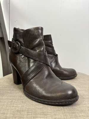 Born Boots Womens 7 Shola Leather Chocolate Stacked Heel Harness Side Zip