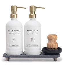 oz White Glass Soap Dispenser Set with Gold Stainless Pump Tray Dish Brush