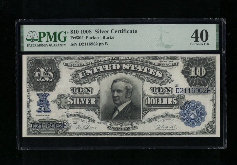 SC 1908 $10 Fr.304 “Tombstone” Silver Certificate PMG 40 XF (962) - Image 2 of 4