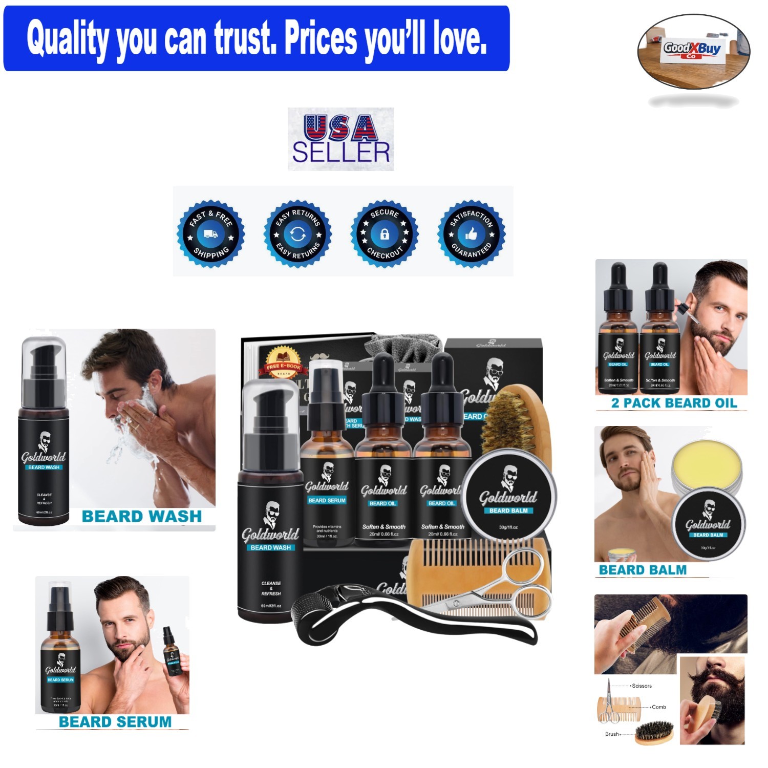 Men's Beard Grooming Kit with Oil, Balm, Shampoo, Trimmer & 
