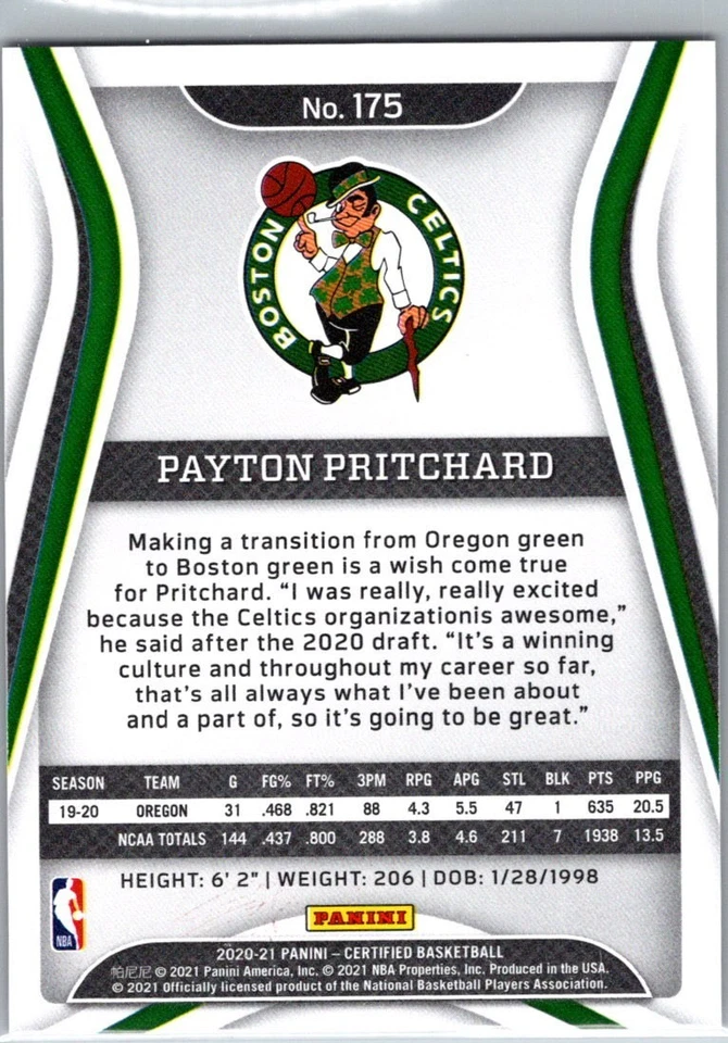 2020-21 Panini Certified - Payton Pritchard #175 Mirror Red (RC) Boston Celtics - Image 2 of 2