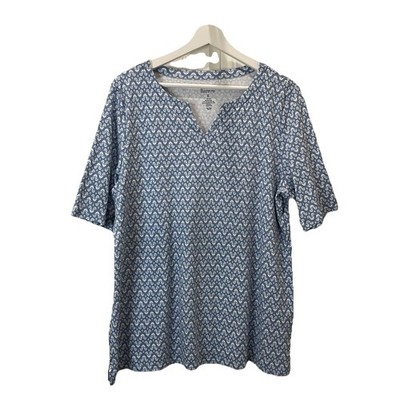 Croft & Barrow Blue Geometric Split V Neck Short Sleeve Top Womens Size XL