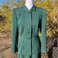 Vintage 50s Hattie Carneige 2 piece Green Gabardine Suit, New Look Jacket Skirt