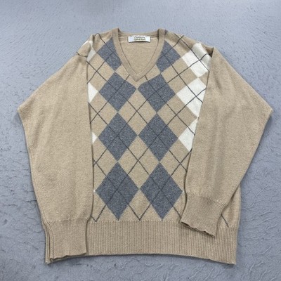 VINTAGE Lyle and Scott Sweater Mens 44 Large Brown 100% Cashmere Argyle V Neck