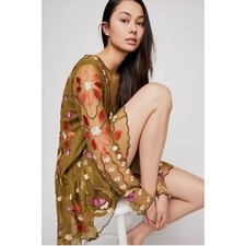 Free People Hearts Are Wild Olive Embroidered Mini Dress Tunic Top Sz S Sheer