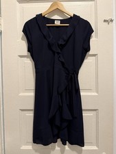 Sunday Best Navy Solid Wrap Dress Size 2 Ruffle Trim V-Neck Cap Sleeve Tie