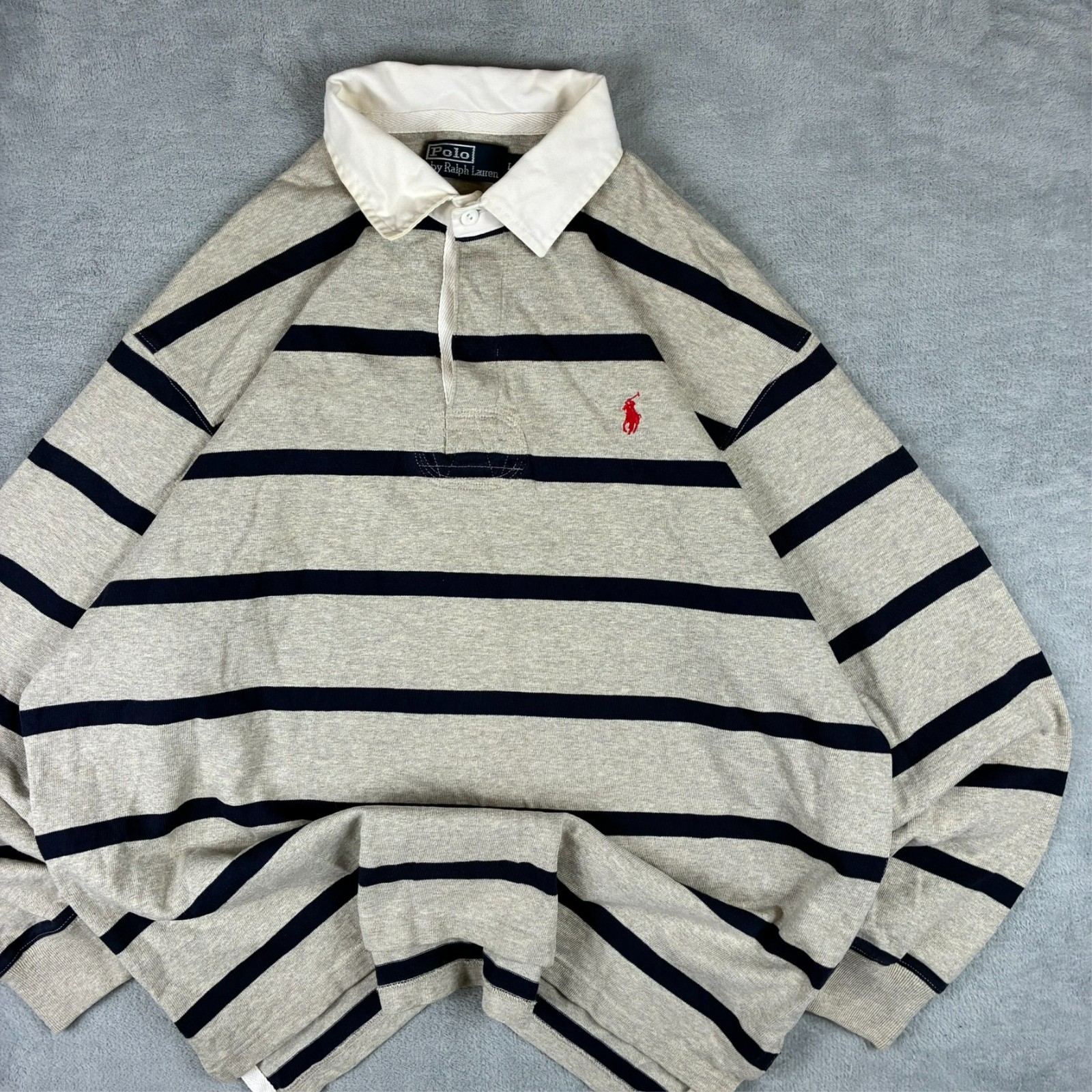 Vintage Polo Ralph Lauren 1990s Grey Navy Stripe Sz Large Rugby Shirt Sweatshirt image 3