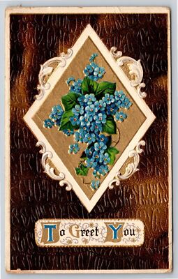 Greetings~Forget Me Nots In Diamond To Greet You~Vintage Postcard