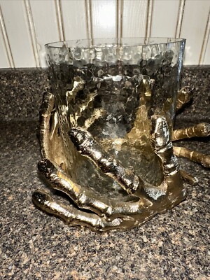 HALLOWEEN SKELETON Metal HAND Clear Glass  Container