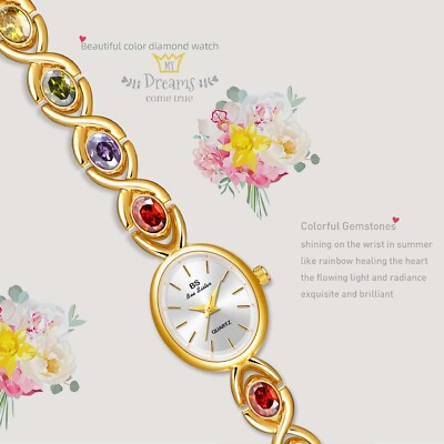 Rainbow Gemstone Bracelet Band Women Wrist Watch Oval Colored Gems